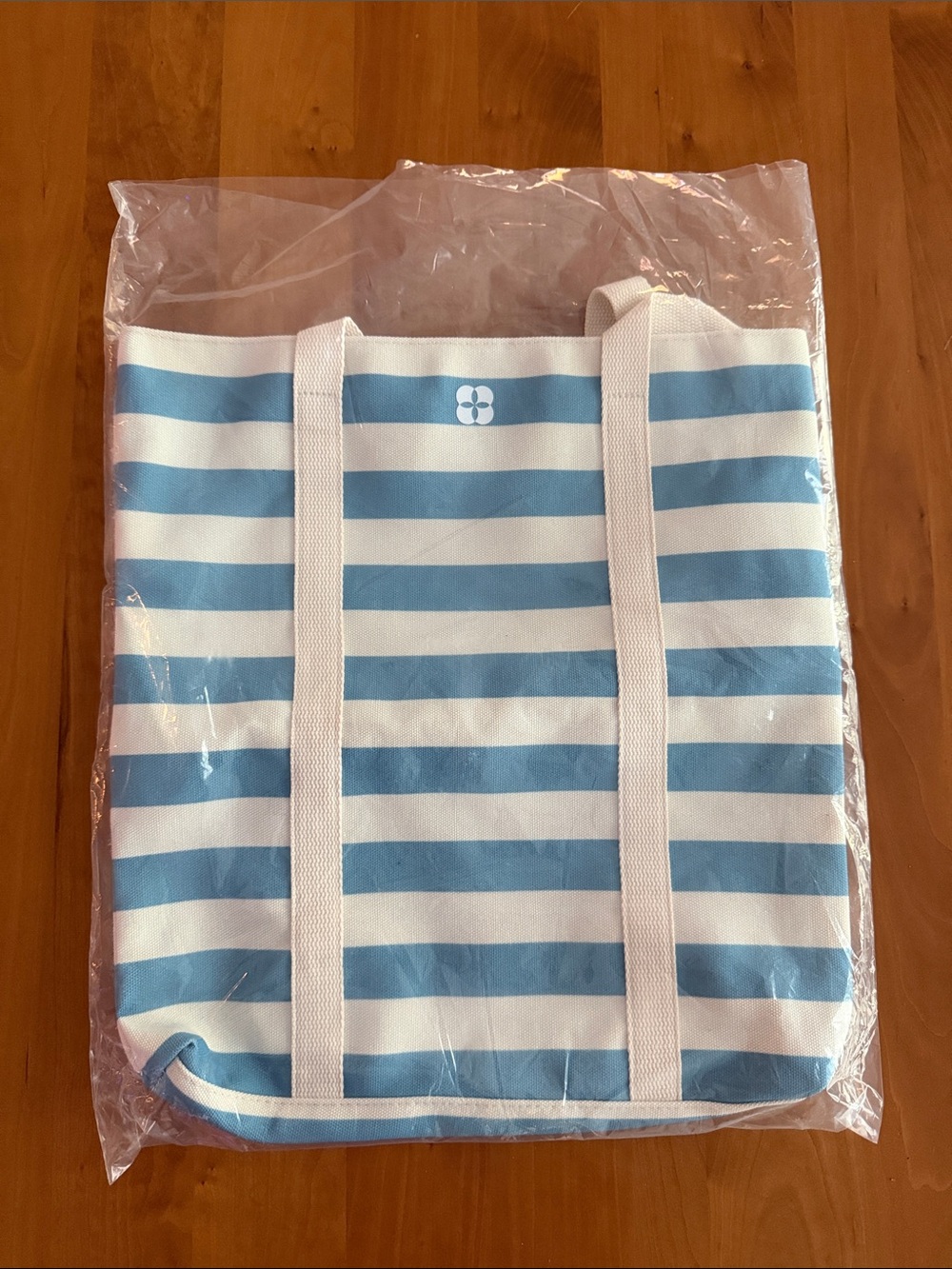 Striped Canvas Tote with Center Floral Logo